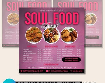 Può includere: Un modello di menu rosa e bianco per un ristorante di cucina soul. Il menu elenca i piatti principali, i contorni e i dessert con i prezzi. Il menu include anche il nome del ristorante, l'indirizzo, il sito web e le maniglie dei social media.