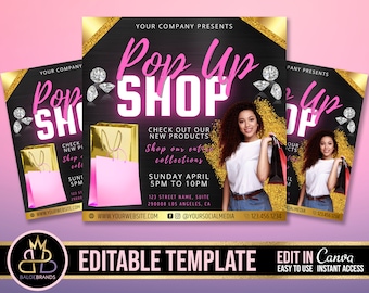Op de afbeelding: Een roze en gouden flyer met de tekst "Pop Up Shop" in roze en witte letters. De flyer adverteert een pop-up shop-evenement met nieuwe producten en collecties. Het evenement is op zondag in april, van 17:00 tot 22:00 uur. De flyer bevat het adres en de social media-informatie voor het evenement.