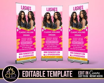 Retractable Banner Template Canva, Roll Up Banner Editable Template, Lashes Lash Banner Hair Beauty Pop Up Shop Boutique Fashion Roll Up