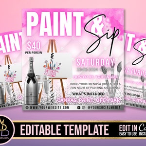 SIP AND PAINT flyer template, Sip & Paint Editable Flyer Canva, Sip Shop Flyer, diy Paint and sip Party Invite Invitation, Paint Invitation