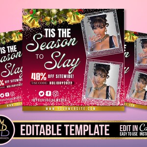 Holiday Slay Season Hair Flyer | DIY Christmas December Bookings Available Beauty MUA Hair Lashes Nails Social Media Editable Canva Template