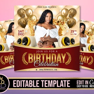 May include: A red and gold birthday party invitation template with a woman in a white top and gold balloons. The text on the invitation reads "Join us for a Birthday Celebration".