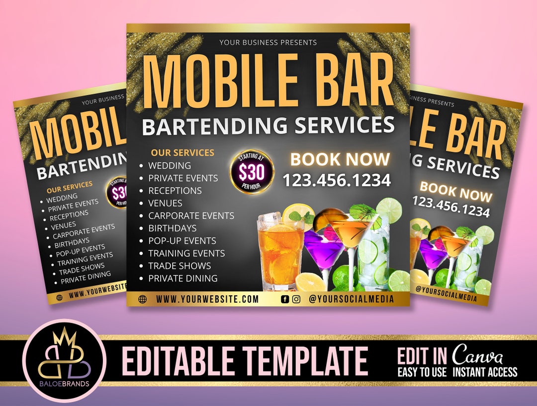 Mobile Bartending Flyer, DIY Flyer Template Design, Bartender Flyer, Mixologist Portable Bar