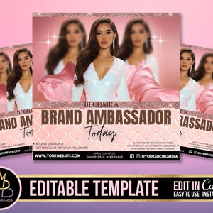 Brand Ambassador Flyer, Canva Template Wanted Brand Influencer Flyer, Social Media Flyer, Brand Ambassador Search, Business Premade Template