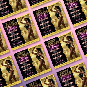 K&ouml;nnte beinhalten: Ein Flyer, der f&uuml;r ein Body Waxing Studio wirbt. Der Flyer zeigt eine Frau in einem schwarzen Badeanzug mit goldenen Akzenten. Der Text auf dem Flyer lautet "Body Waxing Studio" und listet verschiedene angebotene Waxing-Dienstleistungen auf, darunter Gesichtswachs, Armwachs, Beinwachs und Achselwachs. Der Flyer enth&auml;lt auch die Website-Adresse "www.yourwebsite.com".