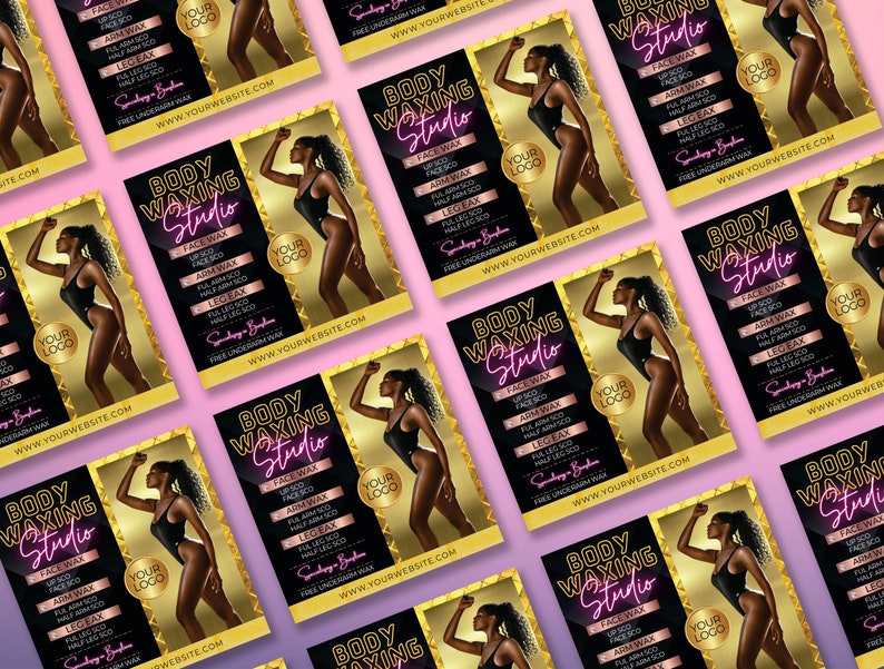 K&ouml;nnte beinhalten: Ein Flyer, der f&uuml;r ein Body Waxing Studio wirbt. Der Flyer zeigt eine Frau in einem schwarzen Badeanzug mit goldenen Akzenten. Der Text auf dem Flyer lautet "Body Waxing Studio" und listet verschiedene angebotene Waxing-Dienstleistungen auf, darunter Gesichtswachs, Armwachs, Beinwachs und Achselwachs. Der Flyer enth&auml;lt auch die Website-Adresse "www.yourwebsite.com".