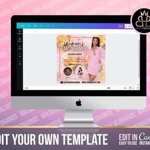 May include: A digital template for a Zoom event invitation. The template features a gold and pink background with a woman in a pink dress. The text on the template reads "Women's Empowerment Zoom Event" and includes the date, time, and a special guest.