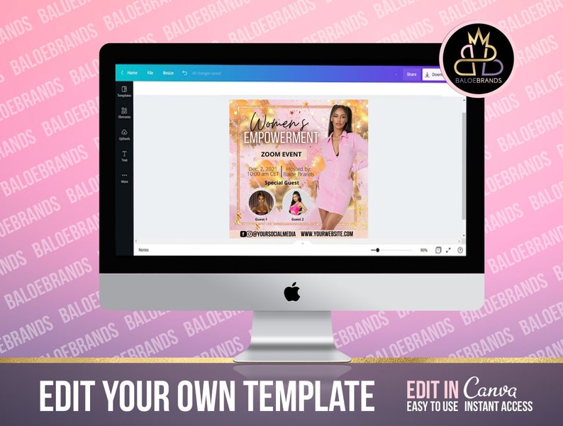 May include: A digital template for a Zoom event invitation. The template features a gold and pink background with a woman in a pink dress. The text on the template reads "Women's Empowerment Zoom Event" and includes the date, time, and a special guest.