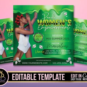 May include: A green and black flyer with a woman in a white swimsuit. The flyer advertises a "Pearls Women's Empowerment" event with the text "Session Mid Summer 2021" and "Pastor Marvelous". The flyer also includes the venue, "UAE Hotel, Blue Ash Road, 254 Redmond Ave, Bronx NY", and a phone number, "111-493-2258".