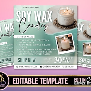 Soy Wax Candle, Candles Editable Flyer, Soy Wax Candles Flyer Template, Editable Instagram Handmade Candle Making Small Business Flyers Wax