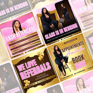 May include: A set of six social media marketing graphics for a lash business. The graphics feature a pink and gold color scheme with text that says "Class is in Session", "Appointments Available", "Book Now", "Lash Aftercare", "We Love Referrals", and "$20 Off on Eyelash Services".