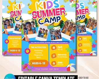 Flyer zomerkamp kinderkamp, flyer zomerfestival kinderkamp voor kinderen, bewerkbare sjabloon, canvas, uitnodiging kinderen uitnodigen, flyer festivalevenement