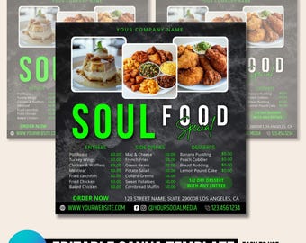 Può includere: Un menu nero e verde con il testo "Soul Food Special" in lettere verdi. Il menu elenca antipasti, contorni e dessert con i prezzi. Il menu include anche il nome dell'azienda, l'indirizzo e le informazioni sui social media.