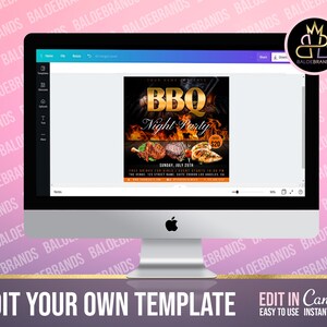 May include: A computer screen displaying a customizable BBQ party flyer template in Canva. The flyer features a black background with a gold BBQ logo and text, flames, and images of grilled food. The text on the flyer reads "BBQ Night Party", "Sunday, July 25th", and "$20".