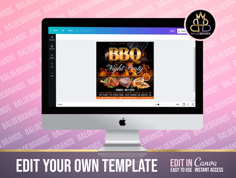 May include: A computer screen displaying a customizable BBQ party flyer template in Canva. The flyer features a black background with a gold BBQ logo and text, flames, and images of grilled food. The text on the flyer reads "BBQ Night Party", "Sunday, July 25th", and "$20".