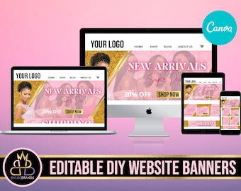 Op de afbeelding: Bewerkbare websitebanner sjablonen met een roze en gouden kleurenschema. De banner bevat de tekst "Nieuwe Aankomsten Super Deals" met een korting van 20% en een "Koop nu" knop. De banner bevat ook de tekst "Gratis verzending".