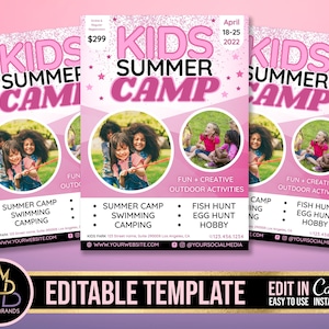 Könnte beinhalten: Rosa-weißer Flyer mit dem Text "Kids Summer Camp" in fetten schwarzen Buchstaben. Der Flyer enthält ein Foto von Kindern beim Angeln, eine Liste von Aktivitäten und Kontaktinformationen. Der Flyer ist in Canva bearbeitbar.