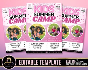 Kids Summer Camp Flyer, Kids Camp Summer Festival Flyer voor kinderen, bewerkbare sjabloon, Canva, Kids Invitation Invitation, Festival Event Flyer