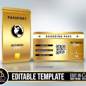 PASSPORT VISITENKARTEN, Visitenkarten Bordkarte, DIY Canva Template, bearbeitbare Visitenkarten im Travel Style Visitenkarten