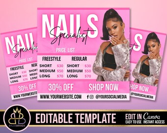 May include: Pink and white flyer with the text "NAILS Specialist" and a price list for freestyle and regular nail services. The flyer also includes the text "30% OFF" and "SHOP NOW" with a social media handle.