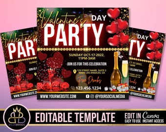 May include: Editable template for a Valentine's Day party invitation. The template features a red and black background with gold accents. The text "Valentine's Day Party" is in large, bold letters. The date and time of the party are listed, along with the address and a phone number. The template also includes a social media handle.