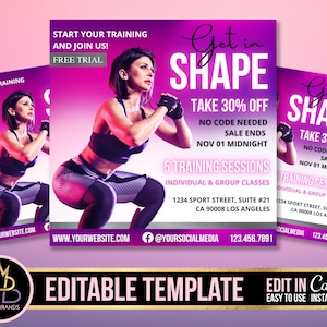 editable Canva fitness template, DIY gym workout flyer, Instagram fit girl flyer, personal sport trainer template, Canva social media flyer