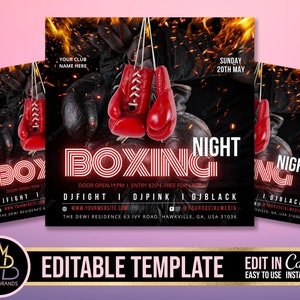 Può includere: Un volantino di boxe nero e rosso con il testo "Boxing Night" in rosso e bianco. Il volantino pubblicizza un evento di boxe domenica 20 maggio presso The Dewi Residence, 63 Ivy Road, Hawkville, GA, USA 31036. Il volantino include anche il testo "DJFight | DJPink | DJBlack" e l'indirizzo del sito web "www.yourwebsite.com".