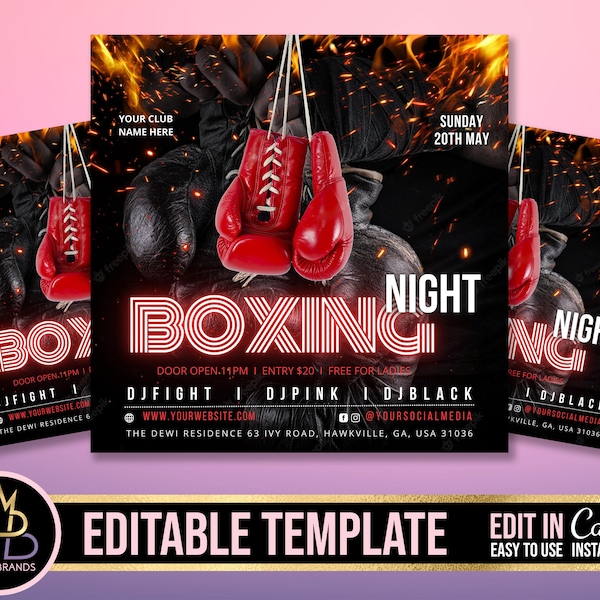 Editable Party Flyer Social Media, Boxing Night flyer, Party Invitation DIY Boxing Event, Editable Template, Fight night event, Invite flyer