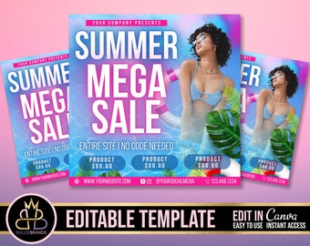 May include: A pink and blue summer sale flyer with a woman in a blue swimsuit and a life preserver. The text reads "Summer Mega Sale" and "Entire Site I No Code Needed".