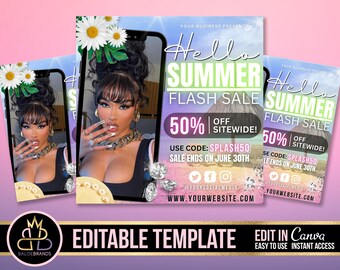 May include: A pink and blue gradient background with a phone screen showing a woman with long black hair and a black top. The text "Hello Summer Flash Sale 50% off sitewide!" is displayed on the phone screen. The text "Use code: SPLASH50 Sale ends on June 30th" is displayed below the phone screen. Social media icons are displayed below the text. The text "www.yourwebsite.com" is displayed at the bottom of the image.