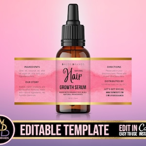 DIY Oil Bottle Label, Hair oil, Hair Growth Oil, Dropper Bottle Label, Beard Oil bottle Label, Essential oil label, Pre-Made Label, Canva