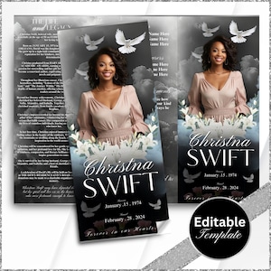 May include: A black and white memorial card with a photo of a woman. The card has a floral design with white lilies and doves. The text on the card reads "Christna Swift" and includes dates of birth and death. The card is an editable template.