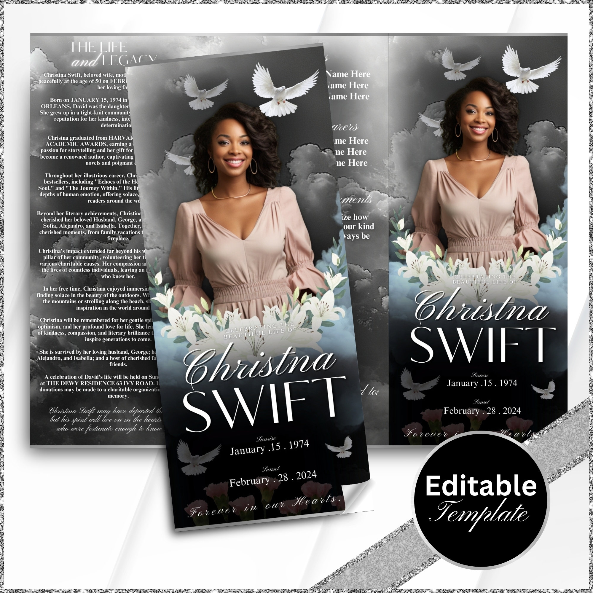 Memorial program, Obituary, Tri-Fold, Heavenly Cloud Style Funeral Program, Celebration of Life, Keepsake, Loving Memory