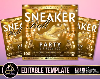 Puede incluir: Un folleto dorado y blanco con el texto "Sneaker Ball" en letras blancas grandes. El folleto anuncia una fiesta con música en vivo, bebidas gratis y refrigerios. La fecha de la fiesta es el 25 de noviembre. El folleto también incluye el texto "VIP Room 20€" y "Ticket 10€".