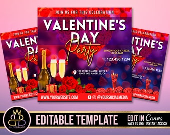 May include: A Valentine's Day party invitation with a purple background and red roses. The text reads "Valentine's Day Party" with a date and time of Sunday, October 17, 2022, from 11 PM to 3 AM. The invitation also includes a phone number, address, and social media handles.