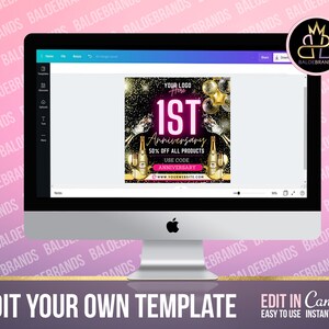 Puede incluir: Una pantalla de ordenador que muestra una plantilla de publicaci&oacute;n en redes sociales para una celebraci&oacute;n de 1er aniversario. La plantilla presenta un dise&ntilde;o rosa y dorado con el texto "1er Aniversario" y "50% de descuento en todos los productos".