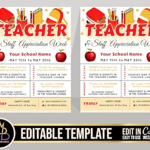 Teacher Appreciation Week, Teacher Staff appreciation template, Printable Editable Teaching Teacher Staff Appreciation Week Itinerary Poster