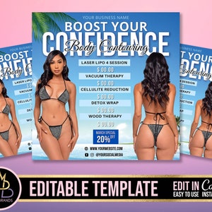 Op de afbeelding: Een flyer die body contouring diensten adverteert met een vrouw in een glinsterende bikini die op een strand staat. De flyer bevat een lijst met diensten en prijzen, waaronder laser lipo, vacuümtherapie, cellulitisreductie, detox wrap en houttherapie. De flyer bevat ook een maart-special met 20% korting.