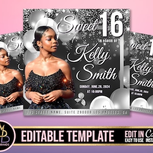 Sweet 16 Birthday Party, Sweet sixteen Invite, Editable Social Media Flyer Canva Template, Editable Canva Template Birthday flyer Invitation