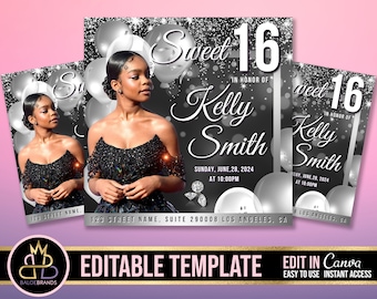 May include: Editable template for a Sweet 16 birthday party invitation. The invitation features a black background with silver glitter, balloons, and a photo of a young woman. The text reads "Sweet 16" in honor of "Kelly Smith" with the date and time of the party. The invitation is designed to be edited in Canva.