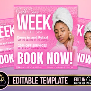 Self Care Flyer, Spa Services, Spa Self care week Editable Social Media Flyer, Spa Services Flyer, Facial Beauty Flyer, Canva, Beauty Flyer