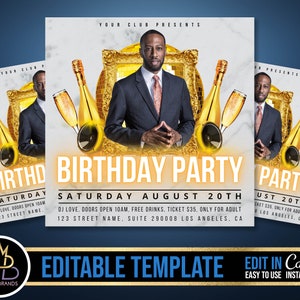 Peut inclure: Une affiche pour une fête d'anniversaire avec un fond en marbre blanc et or. L'affiche présente un homme en costume et un cadre doré. Le texte sur l'affiche indique "Birthday Party", "Samedi 20 août", "DJ Love", "Ouverture des portes à 10h", "Boissons gratuites", "Billet 35 €", "Réservé aux adultes", "123 Street Name, Suite 290008 Los Angeles, CA", et "Modèle modifiable".