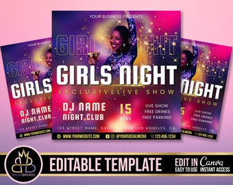 Puede incluir: Un folleto morado, rosa y dorado con el texto "Girls Night Exclusive Live Show" y un nombre de DJ. El folleto también incluye la fecha "15 de abril" y el texto "Live Show, Bebidas gratis, Estacionamiento gratis".