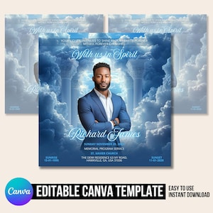 Op de afbeelding: Een blauwe en witte sjabloon voor een rouwkaart met een foto van een man in een blauw pak. De tekst luidt "Met ons in Geest" en "Richard James". De aankondiging bevat de datum, tijd en locatie van de dienst.