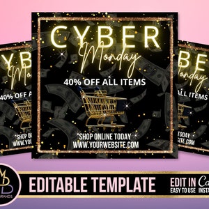 Puede incluir: Un gráfico de venta de Cyber Monday negro y dorado con un carrito de compras y dinero que cae. El texto dice "Cyber Monday 40% de descuento en todos los artículos".