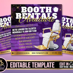 Flyer de location de stand, modèle de Flyer de stand Canva à louer, Flyer de médias sociaux Canva modifiable, modèle de location de stand, maquillage de Flyer de coiffeur