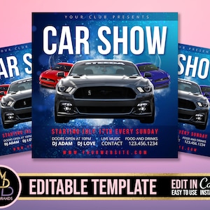 自動車ビジネスイベント、編集可能なソーシャルメディアフライヤー、カーショーイベント招待状、自動車販売テンプレートフライヤー、DIY Canvaイベントフライヤー、カーパーティーショー