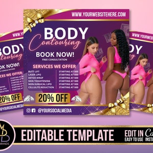 Op de afbeelding: Een paarse en gouden flyer die body contouring diensten adverteert. De flyer toont twee vrouwen in roze outfits en de tekst "Body Contouring, Boek nu! Gratis consult". De flyer vermeldt ook de aangeboden diensten, waaronder bil-lift, laser lipo, detox wrap, huidversteviging, niet-chirurgische lipo en cellulitisreductie. De flyer bevat de tekst "20% Korting" en de social media handle "@yoursocialmedia".