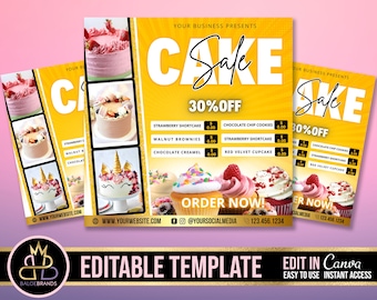 Puede incluir: Un folleto amarillo y blanco que anuncia una venta de pasteles con un 30% de descuento. El folleto presenta imágenes de varios pasteles y cupcakes, incluyendo un pastel de fresas, una galleta de chispas de chocolate, un brownie de nueces, un pastel de caramelo de chocolate y un cupcake de terciopelo rojo. El folleto también incluye el texto "Venta de pasteles 30% de descuento" y "¡Pide ahora!" junto con una dirección de sitio web y un número de teléfono.