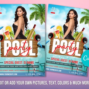 May include: Pool party flyer with a woman in a black dress, palm trees, and a wooden sign that says "Pool Party". The flyer also includes the text "Special Guest: DJ Name", "Night Club, Food, Beer, Girls Free Entry, Games", "123 Street Name, Suite 290008 Los Angeles, CA", "www.yourwebsite.com", and "123.456.1234".